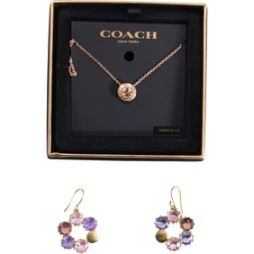 COACH Gold Tone Necklace 16 in. x 1/2 in. ; COACH Earrings 1 5/8 in. x 1 in.