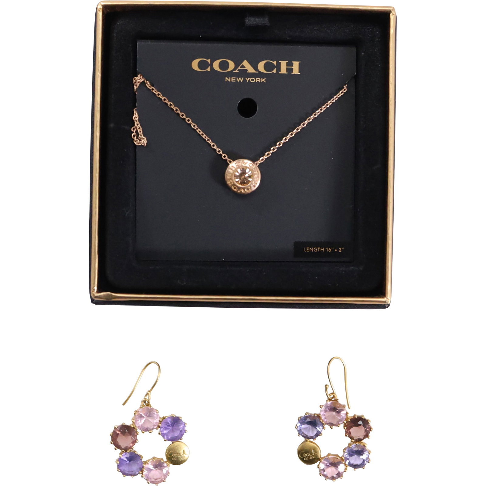 COACH Gold Tone Necklace 16 in. x 1/2 in. ; COACH Earrings 1 5/8 in. x 1 in.: COACH Gold Tone Necklace 16 in. x 1/2 in. ; COACH Earrings 1 5/8 in. x 1 in.