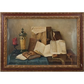 Vintage Oil on Canvas Painting, Signed Illegible, Table Top Still Life Leather Bound Book Lettters,
