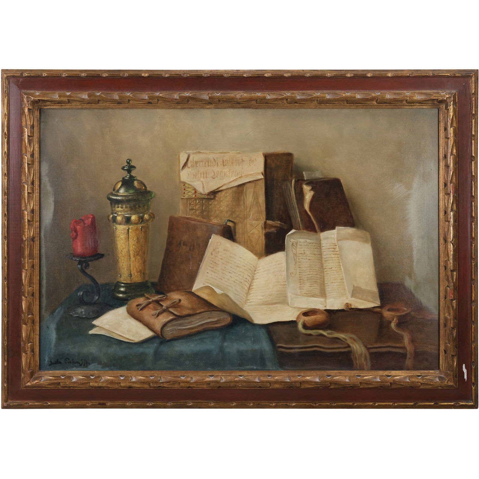 Vintage Oil on Canvas Painting, Signed Illegible, Table Top Still Life Leather Bound Book Lettters, (1 of 14)
