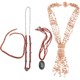 4 Assorted Coral Necklaces: 22 in. 4 String Coral Necklace; 16 in. Red Coral Beads Necklace;