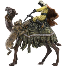 after Bergman, Vienna Bronze Lion Attacking Arab, Camel, 6 in.,x 7 in. ,Good Polychrome Patina