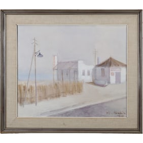 Signed Illegible 1970, Oil on Canvas Painting, Rural Buildings with Street Light, Framed