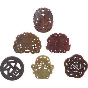 6 Assorted Carved Chinese Pendants in Red Jasper, Carnelian and Agate