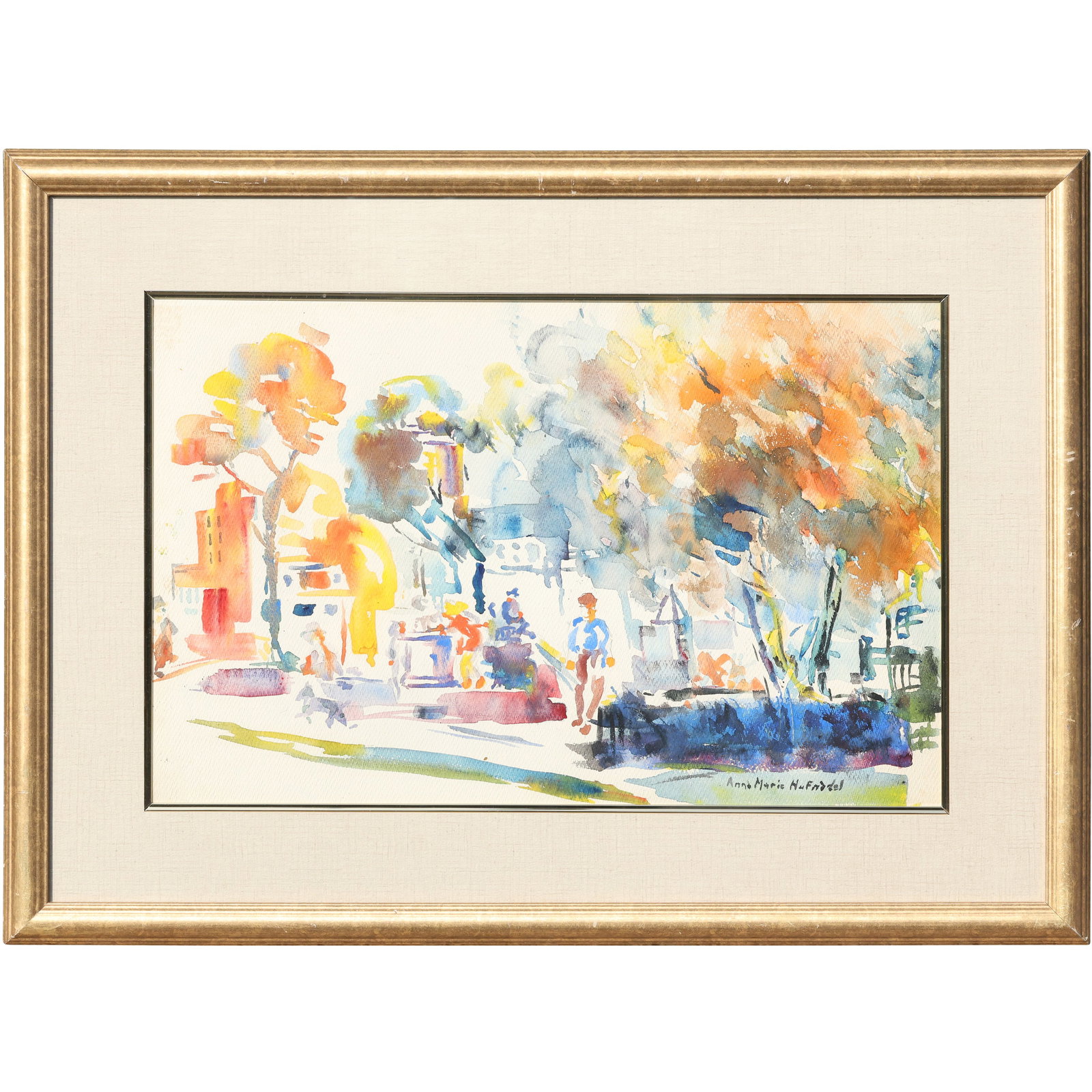 Fine Vintage Watercolor Painting Figures in a Urban City Park, Artist Signed, Framed: Fine Vintage Watercolor Painting Figures in a Urban City Park, Artist Signed, Framed. Signed lower right: Anne Marie Huf????. size: 14 x 21 , outside of frame: 22 x 29 SU: G4