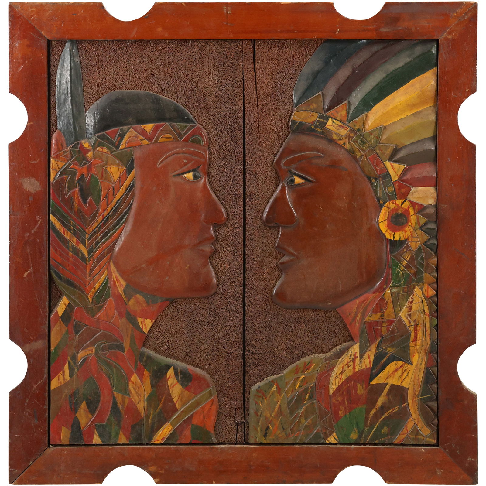 Native American Indian Portrairts Bas Relief Wood Carving Panel Plaque 27 in. x 25 in. (1 of 12)