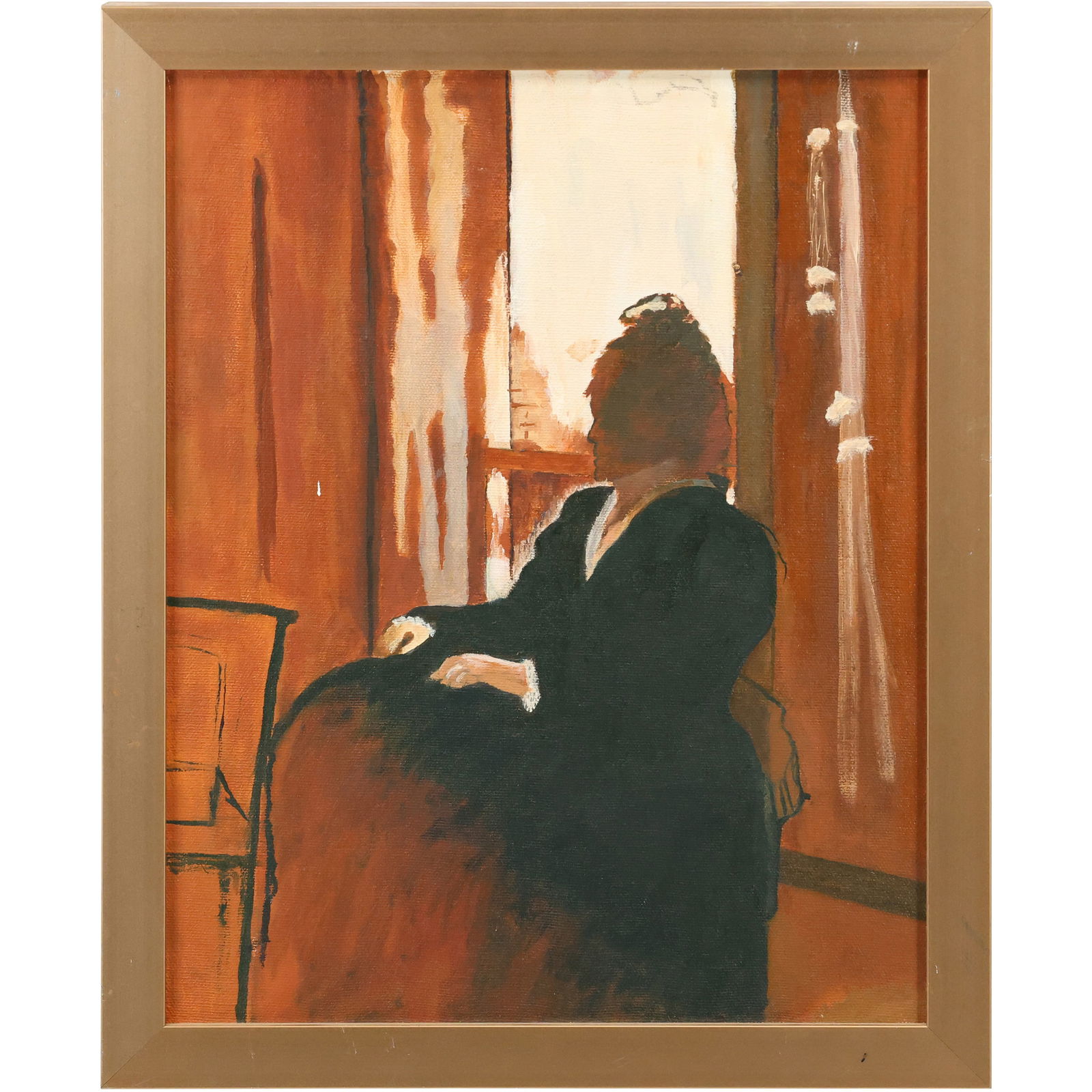 K Moyer, Oil on Canvas Painting, Woman Looking Out Window, Framed, Signed on Verso: K Moyer, Oil on Canvas Painting, Woman Looking Out Window, Framed, Signed on Verso. size: 14 x 11 , outside of frame: 15 x 13