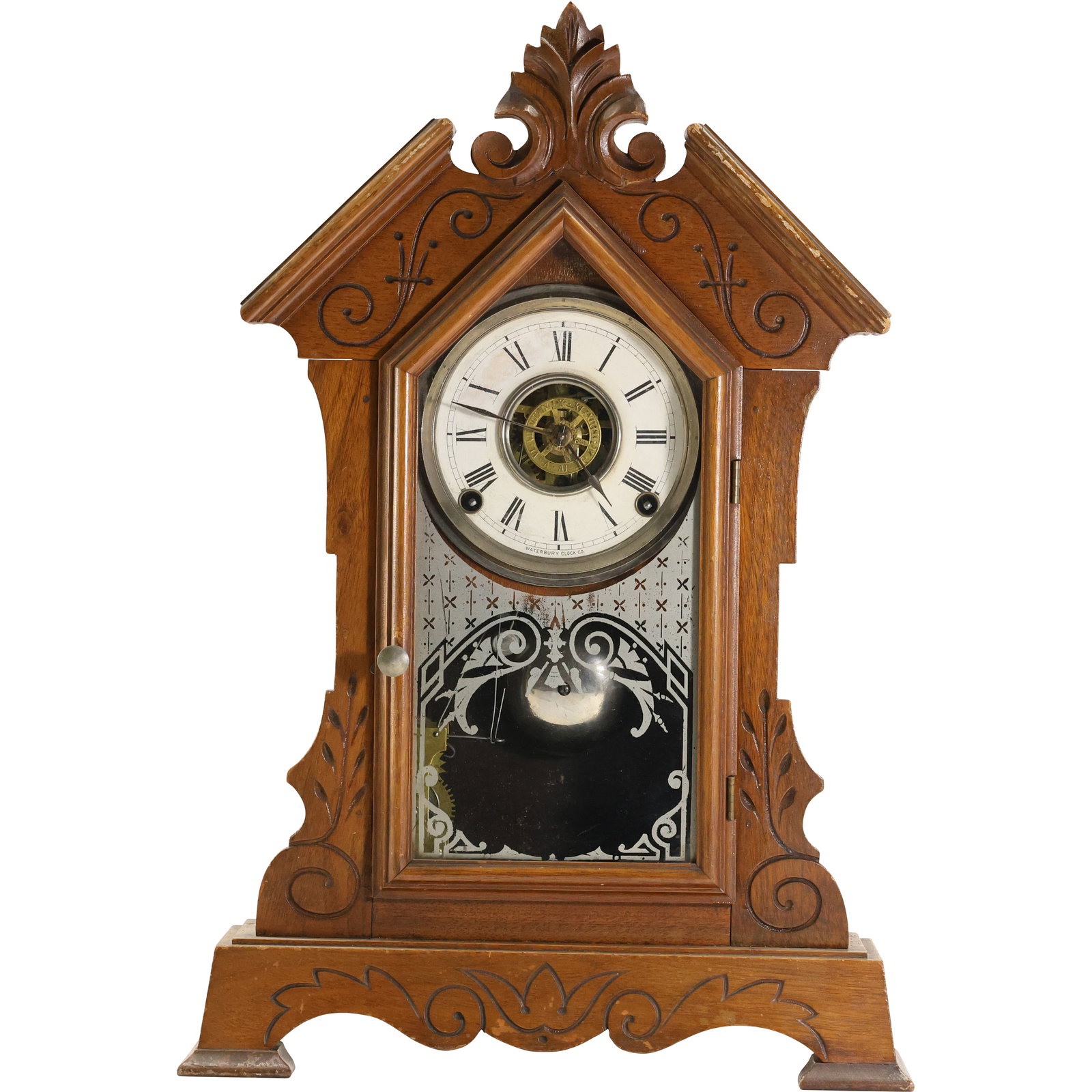 Antique Waterbury Clock Company Walnut Case Mantle Clock, Original Pendulum, 19 in. height (1 of 13)