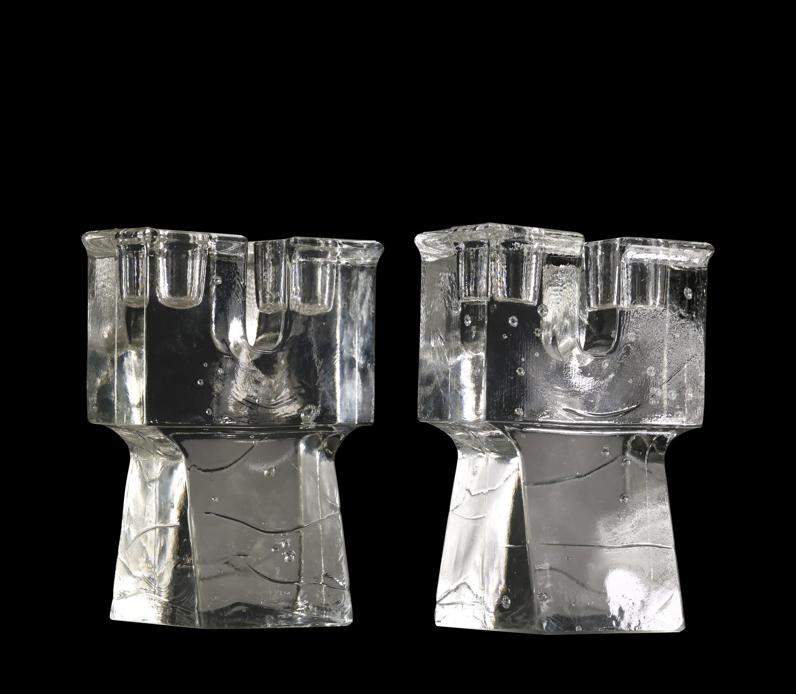 Pair 1970s Iittala Finland Timo Sarpaneva Ice Block Candle Holders 5.25 in. height x 4 in. wide: Pair 1970s Iittala Finland Timo Sarpaneva Ice Block Candle Holders 5.25 in. height x 4 in. wide. size: 5.25 h 4 w