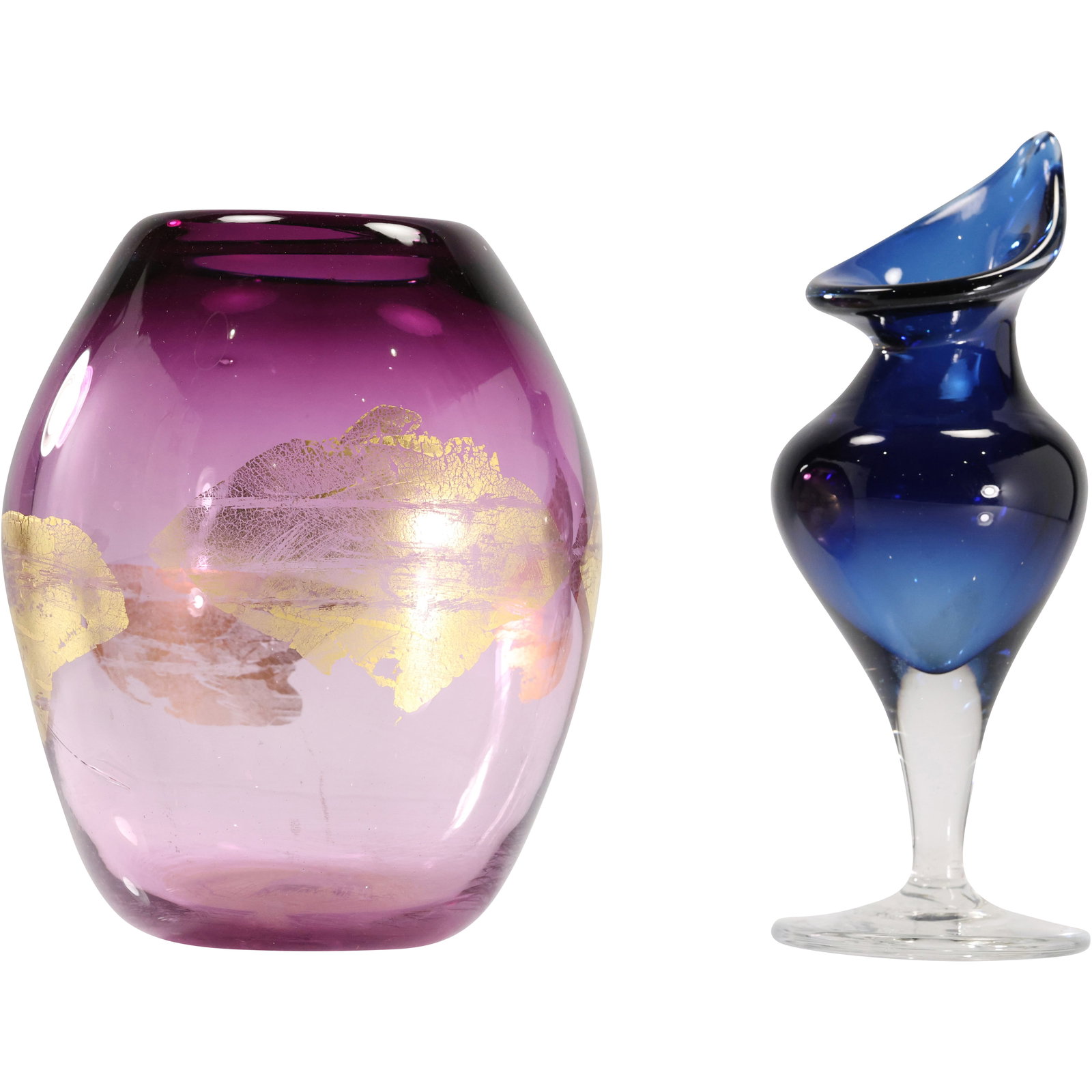 [2] KARL CARTER Hand Blown Wide Bowl Vase in Amethyst and Gold Leaf & Cobalt Calla Lily Vase (1 of 15)