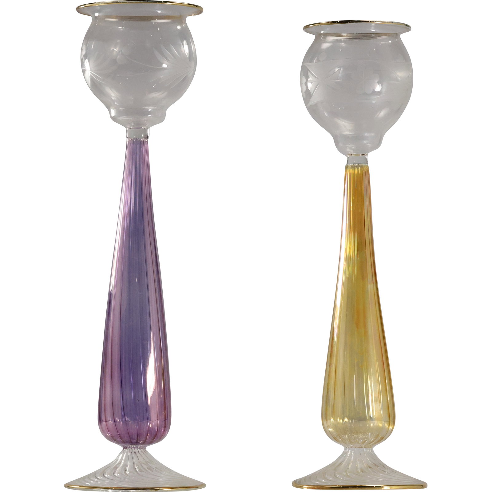2 Hand Blown Purple / Amber Twisted Stem Clear Etched Art Glass Candle Holders 14 in. height (1 of 11)