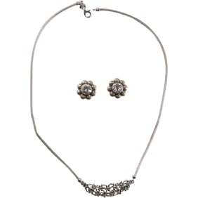 .925 Sterling Silver Italy Wheat Chain with Floral CZ Center Pendant & .925 CZ Button Earrings