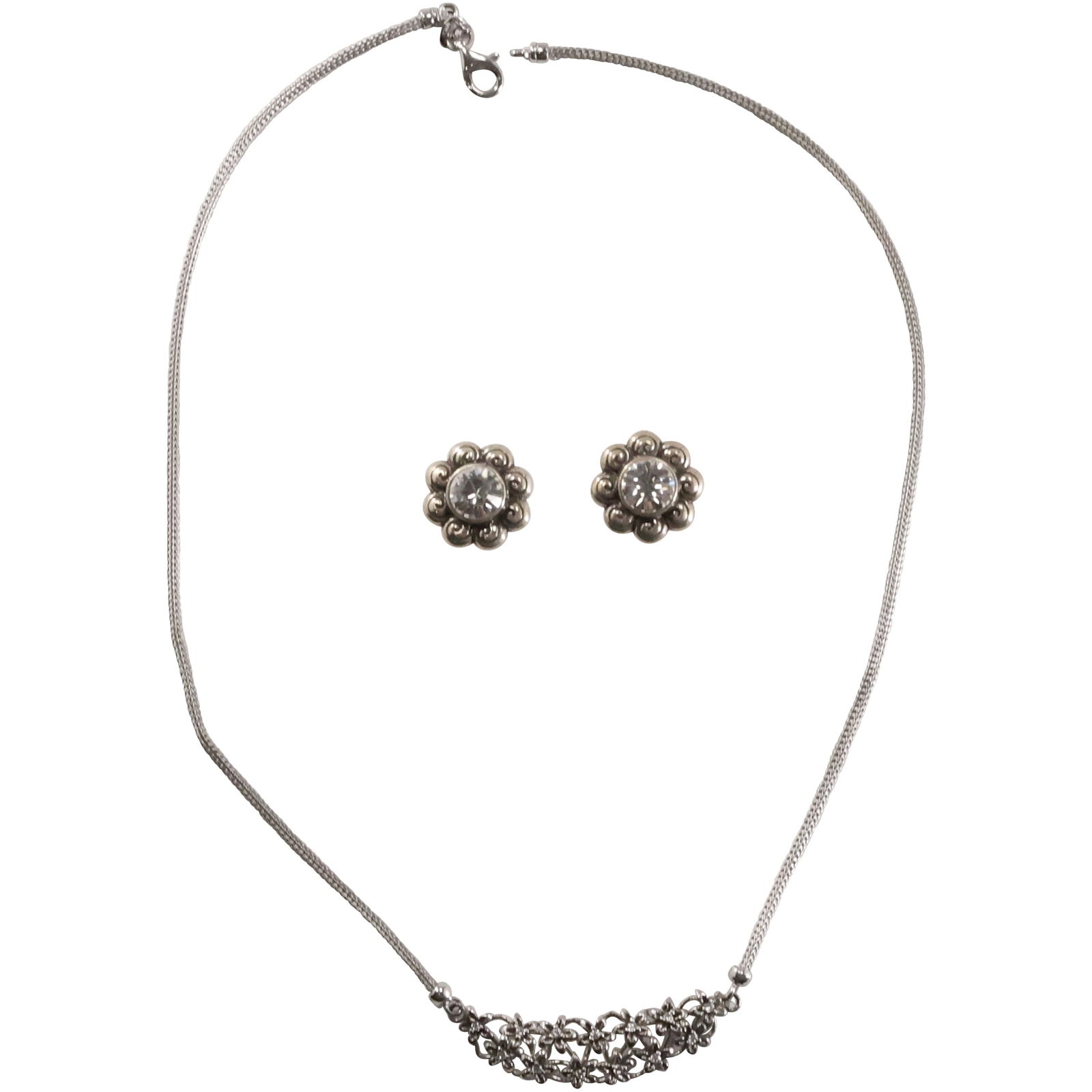 .925 Sterling Silver Italy Wheat Chain with Floral CZ Center Pendant & .925 CZ Button Earrings (1 of 20)