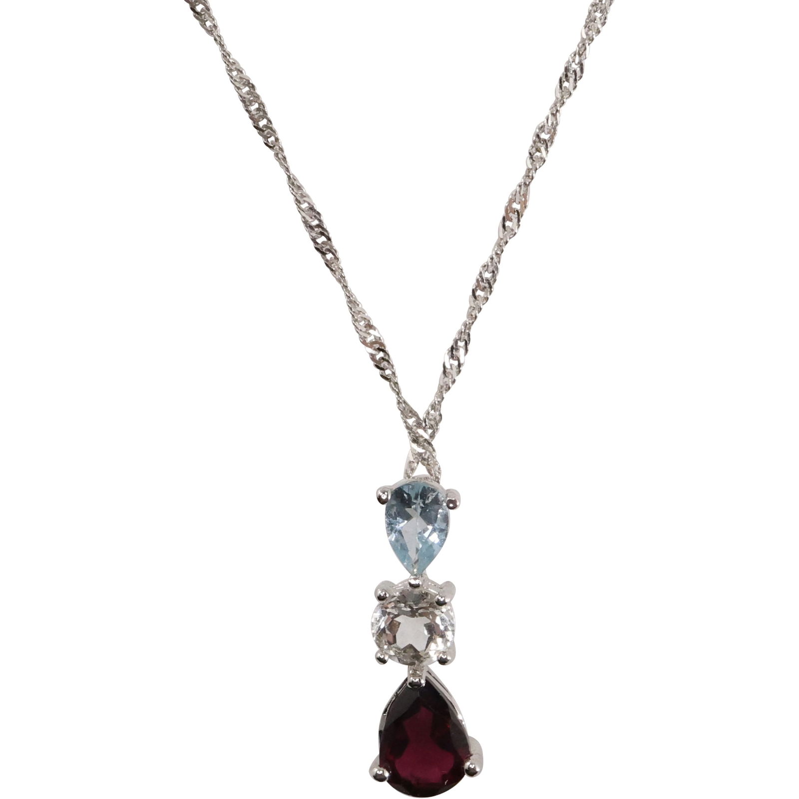 14K Gold 19 in. Chain with .925 Sterling Blue Topaz, White Topaz & Garnet Pendant 3/4 in. x 1/4 in. (1 of 19)
