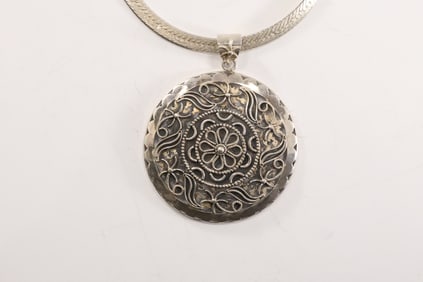 37.5 grams .925 Sterling Engraved Disc Pendant Necklace on 18 in. .925 Herringbone Chain
