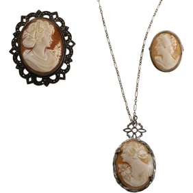 [3] Vintage Sterling Silver Cameo with Marcasites Victioran Maiden 1 3/4 in. x 1 1/2 in.; marked 800