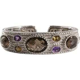 Judith Ripka .925 Sterling Silver with Citrine, Amethyst, Smoky Topaz Cuff Bracelet 71.3 grams total