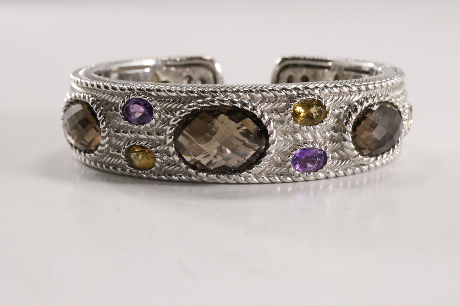 Judith Ripka .925 Sterling Silver with Citrine, Amethyst, Smoky Topaz Cuff Bracelet 71.3 grams total (1 of 20)