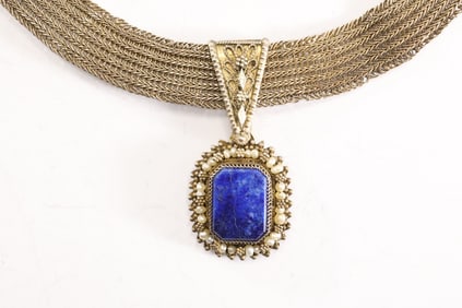 Signed Victorian Mesh Necklace with Lapis and Pearls Pendant having Buckle Closure 19 in.
