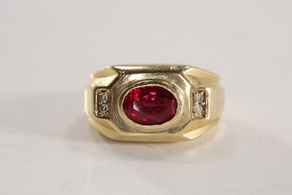 14K YELLOW GOLD Ruby and Diamond Ring flanked by 4 Diamonds Ring Size 8, 6.69 dwt,