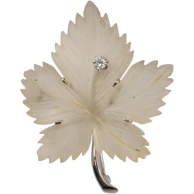 14K White Gold Frosted Glass Maple Leaf Pin 2 in. x 1 1/2 in. [small chip on back] See Pictures