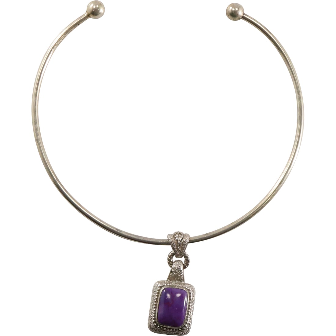 Celia Harms Mexico Sterling Silver Hard Collar with Sarda .925 Purple Stone Pendant 39.8 grams: Celia Harms Mexico Sterling Silver Hard Collar 4 3/4 in. x 1 1/2 in. with Sarda .925 Purple Stone Pendant 2 in. x 3/4 in.; 39.8 grams total weight.