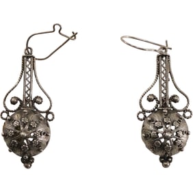 .925 Sterling Silver Button Drop Pierced Earrings, Vintage, Made in Spain 1 3/8 in. x 5/8 in.