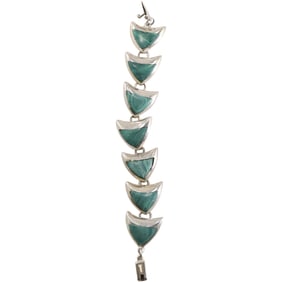 .925 Sterling Silver TU-102 Mexico 7-Panel Fish with Malachite Bodies Bracelet 28.3 grams total