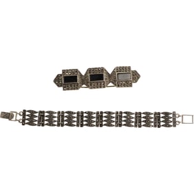 .925 Sterling Silver Marcasites 8-Panel Bracelet; Sterling JG 3-Panels Black Onyx, Marcasites Pin