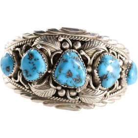R TOM Native American Indian Sterling Silver & Turquoise 55.2 grams total weight Cuff Bracelet