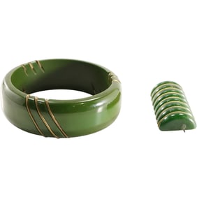 [2] Circa 1930s - 1940s Green Bakelite Bangle Bracelet and Pin both with Brass Accents