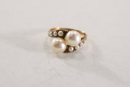 14K GOLD Genuine Freshwater Cultured Pearls Ring Size 6.5, 3/4 in. x 1/2 in.