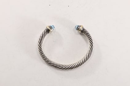 43.8 grams DAVID YURMAN .925 Sterling and 585 14K Gold with Blue Topaz Ends Cuff Bracelet