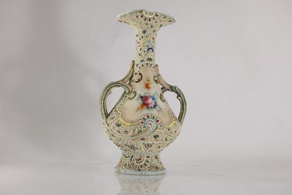 Circa 1920 Moriage 2-Handles Vase with Hand Painted Flowers Center Panel, 11 in. height x 7 in. wide