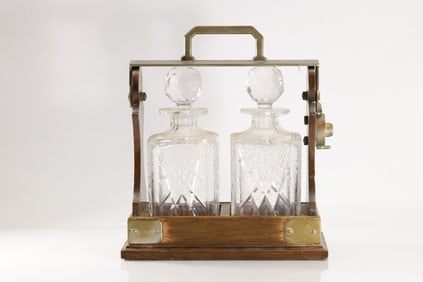 Antique Mappin & Webb London Oak Wood Two Bottle Tantalus 13 in. x 12 in.