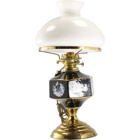 English Electrified Hurricane Lamp with Enameled Black Glass Font, Brass Base, Glass Shade