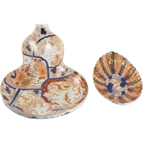 19th C. Japanese Imari porcelain gourd-shaped dish from the Meiji period (c. 1890); Imari smaller