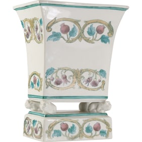Maitland Smith, Fine Porcelain Vase Cachepot, featuring a Pomegranate Design and Foo Dog feet.