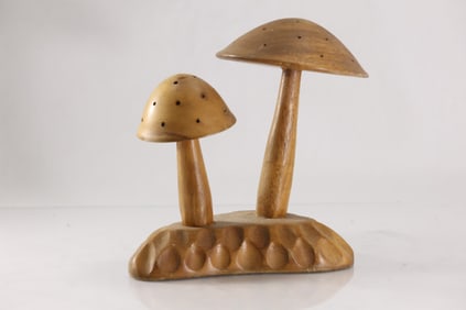 Vintage Wooden Mushrooms Sculpture 8 in. x 8 in. Mid-Century Modern