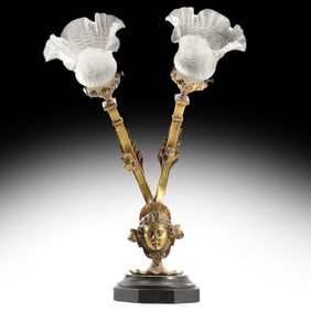 French Victorian Bronze 2-Light Accent Lamp with Lady Face and Satin Glass Ruffled Shades