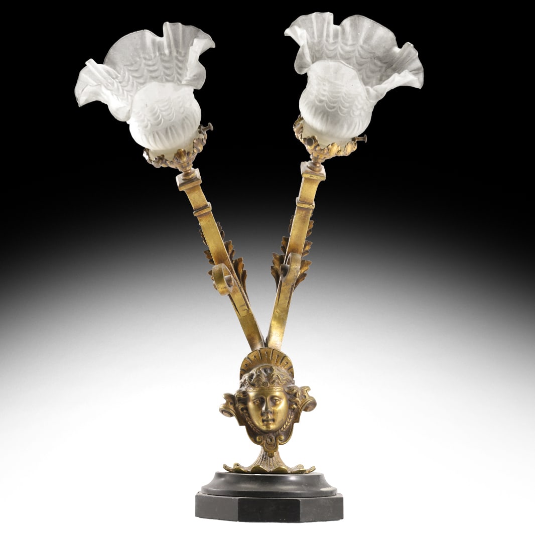 French Victorian Bronze 2-Light Accent Lamp with Lady Face and Satin Glass Ruffled Shades (1 of 20)