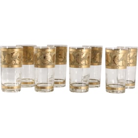 Set 8 Cera Highball Glasses Gold Leaves Acorns Gilt Mid-Cerntury Modern Barware