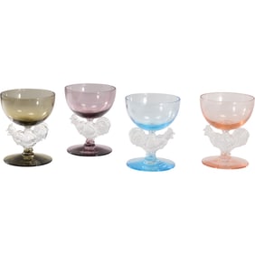 4 Morgantown Chanticleer Rooster Cocktail Goblet Glasses blue, amethyst, pink and brown