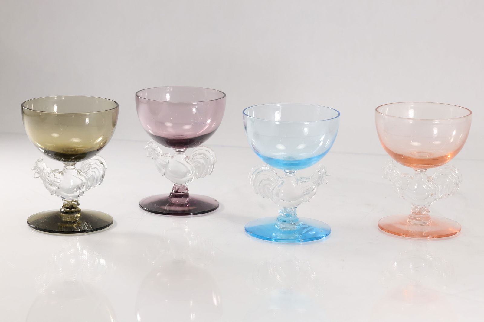 4 Morgantown Chanticleer Rooster Cocktail Goblet Glasses blue, amethyst, pink and brown (1 of 18)