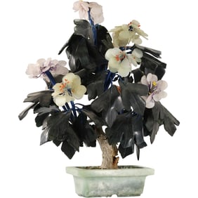 Chinese Jade Stone Carved Flowering Bonsai Tree with Jade Quartz 12 in height x 10 in wide