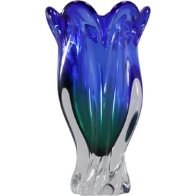 1980s Bohemia Czech Sommerso Green/Blue Art Glass Vase 10 in. height x 6 in. wide