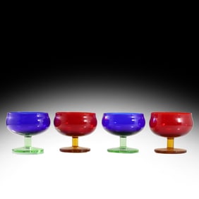 Vintage Set 4 Murano Art Glass Gelato Frutta Stem Cups RARE Ruby Red & Cobalt Blue