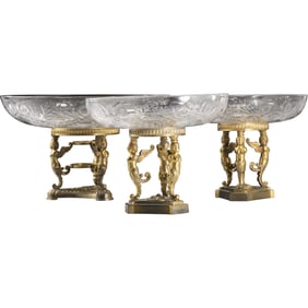 Set of 3 Baccarat glass bowls with a bronze base featuring satyr figures 7 in. height x 12 in. dia.