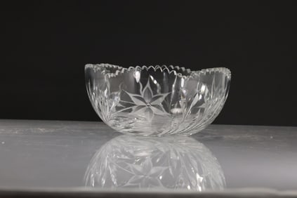 Vintage Crystal Glass Fruit Bowl with Flowers 8 in. diameter.