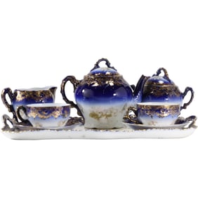 Antique Carlsbad Austria Blue & White Porcelain Tea Set with Under Tray - Tea for Two